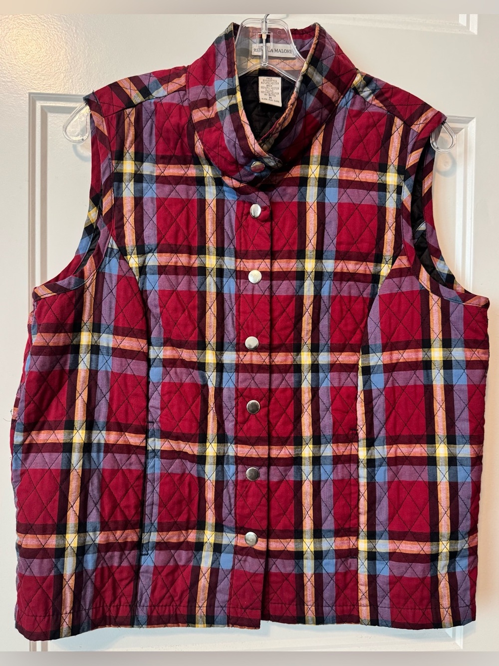 Rebecca Malone Quilted Plaid Puffer Vest Red Multicolor M Cottagecore Preppy